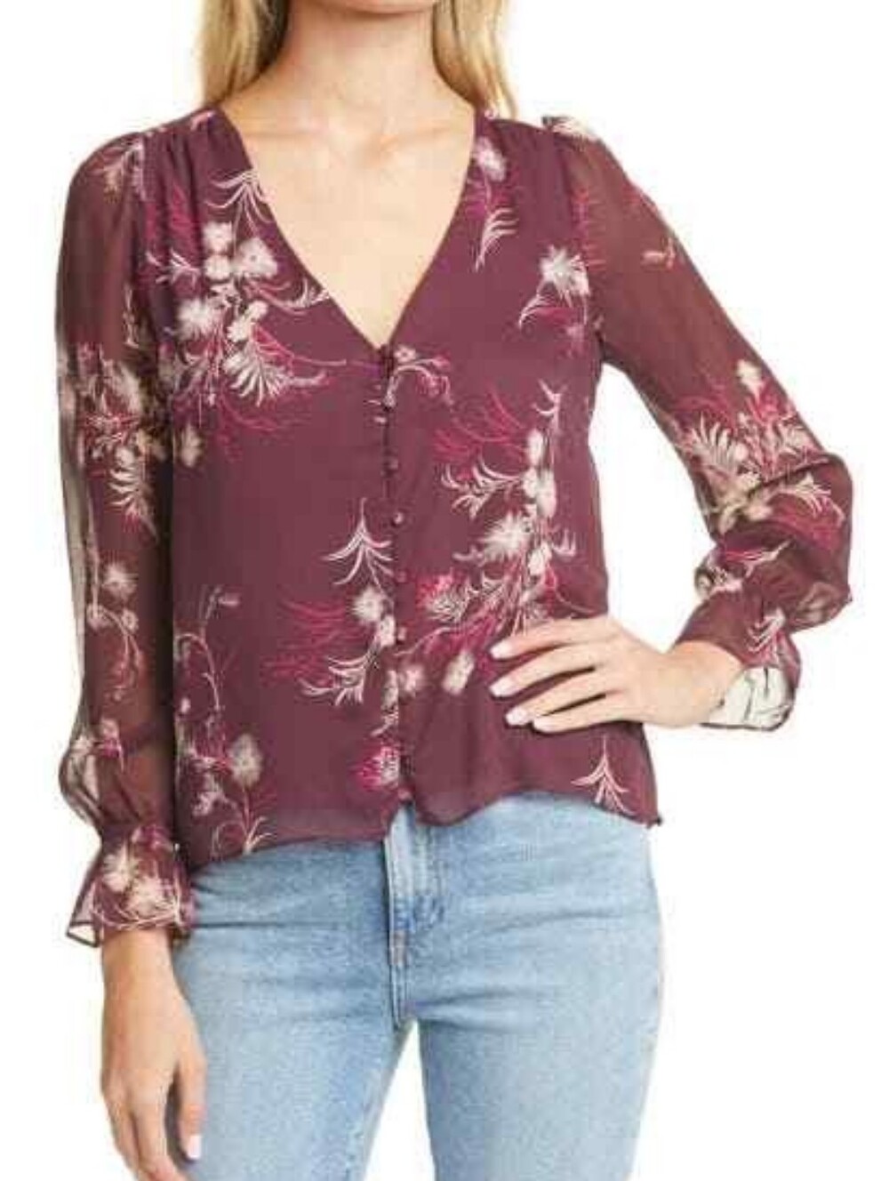JOIE Bolona Silk Floral Blouse Purple Plum V-Neck Cinch Cuffs XS